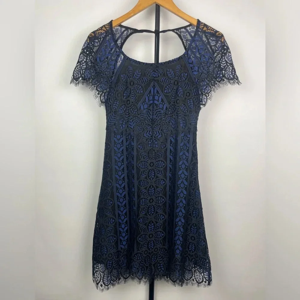 For Love & Lemons Black Blue Lave Lyla Open Back Short Sleeve Mini Dress‎